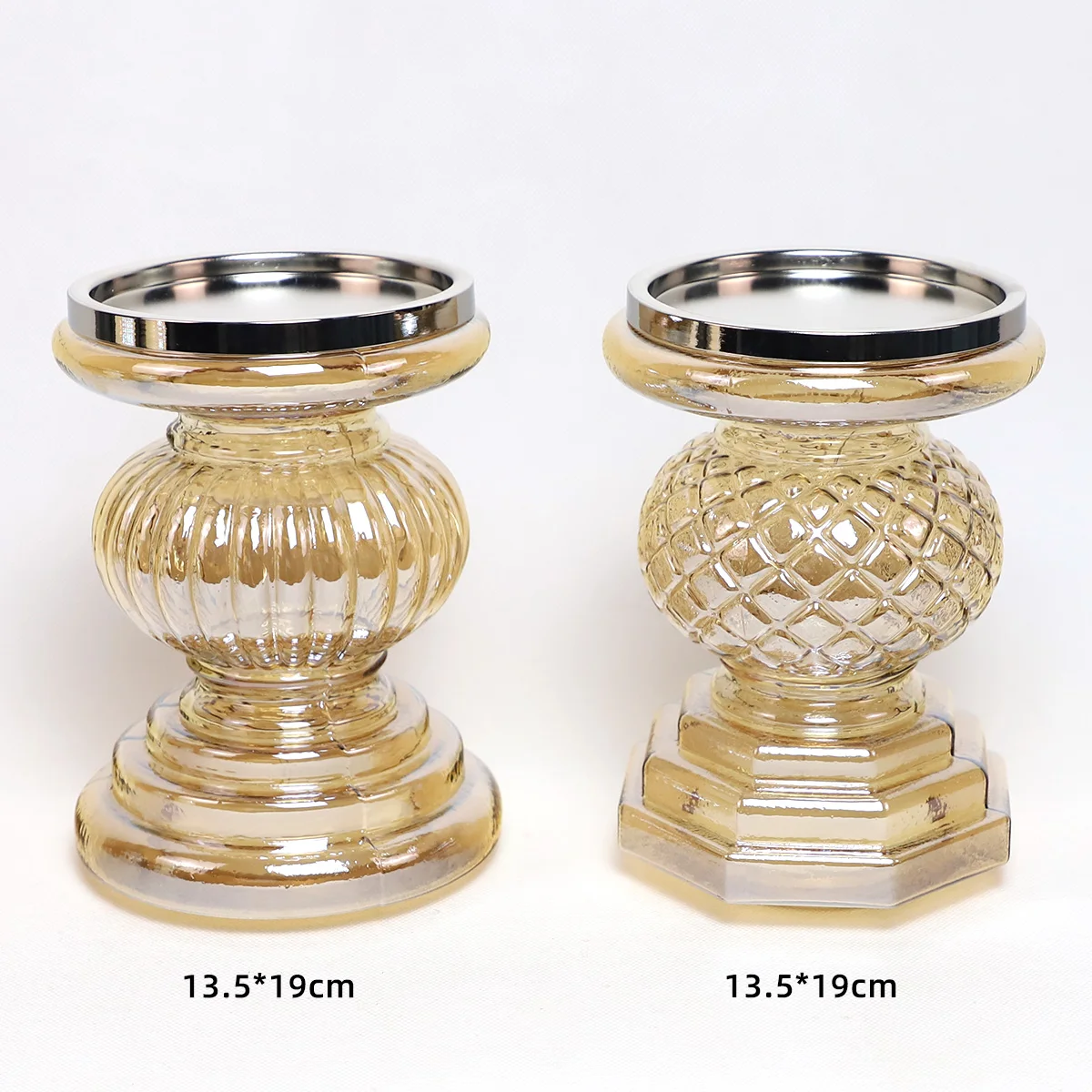 Vintage luxury home decoration tabletop tall long stem pillar clear gold ribbed glass taper candle stand stick holder set of 3 manufacture