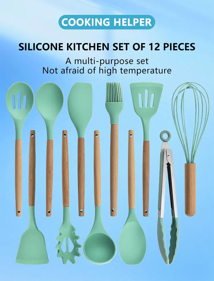 Wholesale 12 Pcs Food Grade Silicone Cookware Set Kitchen Utensils with Storage Bucket for Cooking Tool Sets supplier