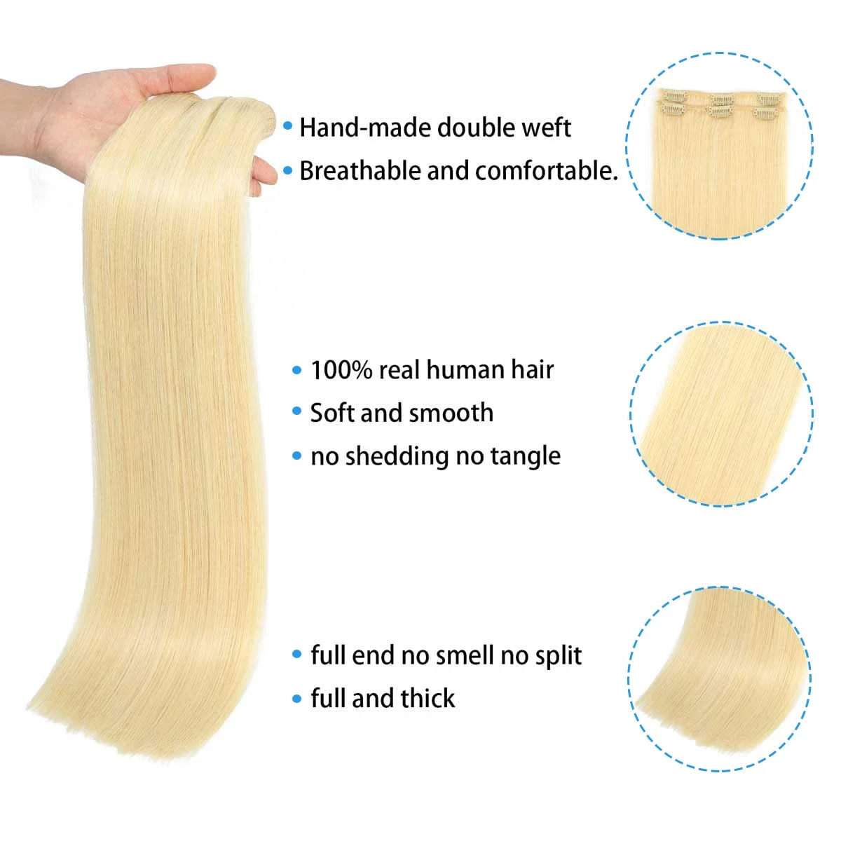 Gebleichte blonde Clip-in-Haarverlängerungen aus Echthaar, 8-teilig/Set für Frauen_voghion.com