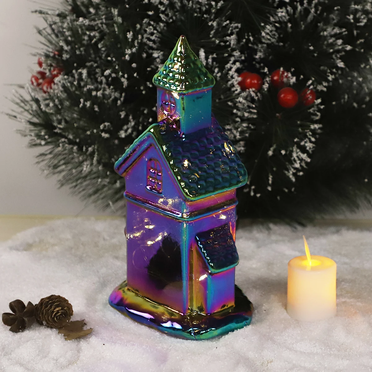 2023 Hot Selling Tabletop Hand Blown Glass Church Christmas Village With Led Lighted Gowing Home Indoor Living Room Decoration details