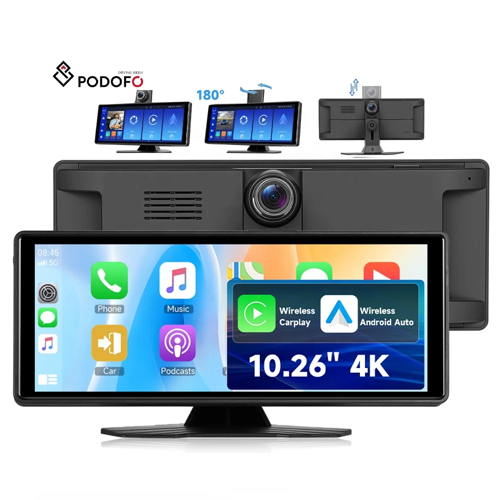 Podofo 10.26'' Portable Wireless CarPlay Android Auto Screen 180° Rotating 4K Fraont Camera Dash Cam DVR for Universal Car Truck Van OEM A4507