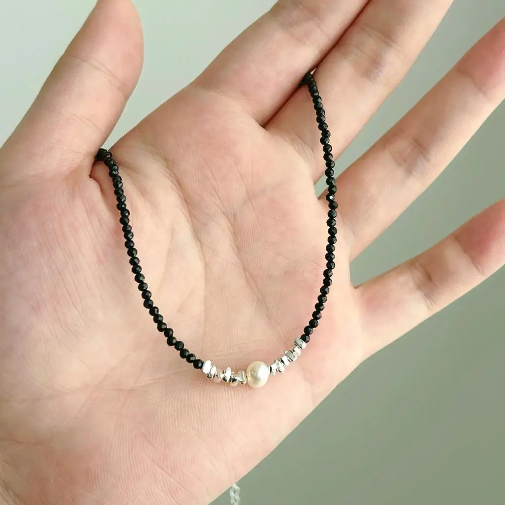 KAKODIY Luxury 925 Sterling Silver Natural Black Crystal Beaded Chain Women's Pearl Necklace detail 5