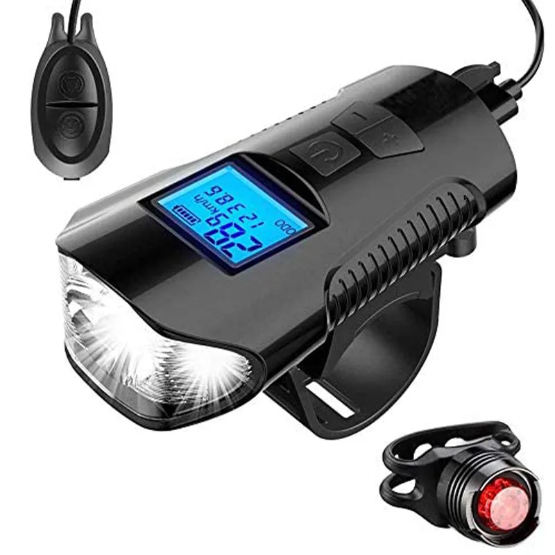 Waterproof Rainproof Speedometer Odometer Cycle Light 120db Horn Speaker USB Rechargeable Bike Front Light With Bicycle Computer