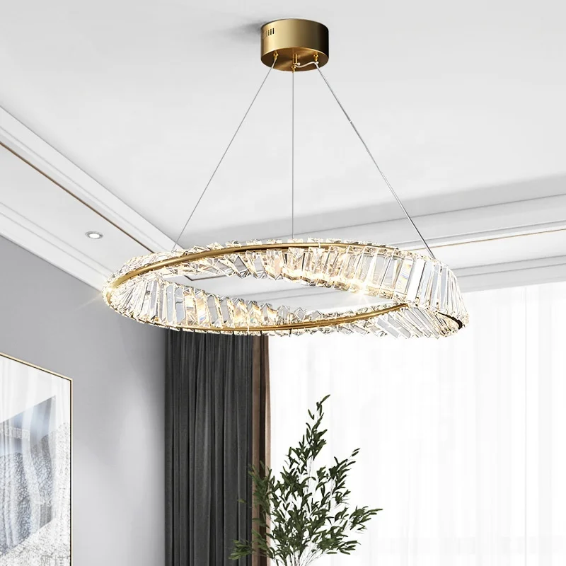 Modern Luxury Crystal Chandelier Ceiling Hanging Lamp Gold Simple Round Chandelier Light LED Pendant Light for Hotel Living Room