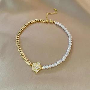 Luxury  Fancy Jewellery for Ladies Pearl Bead Chain Necklace Bling Crystal Tennis Chain Drop Oil Flower Charm Necklace