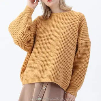 Custom Puff Sleeve Oversize Knit Women's Sweaters Pullover Crew Neck Waffle Knit Sweater