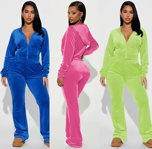 Customs Rhinestone Logo Crop Jacket Women Sets Y2K Velvet Flare Pants With Hoodie Women Loungewear Outfit Women 2 Piece Set