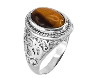 Custom Tiger Eye Engraved Stone 925 Sterling Silver Men Stone Rings