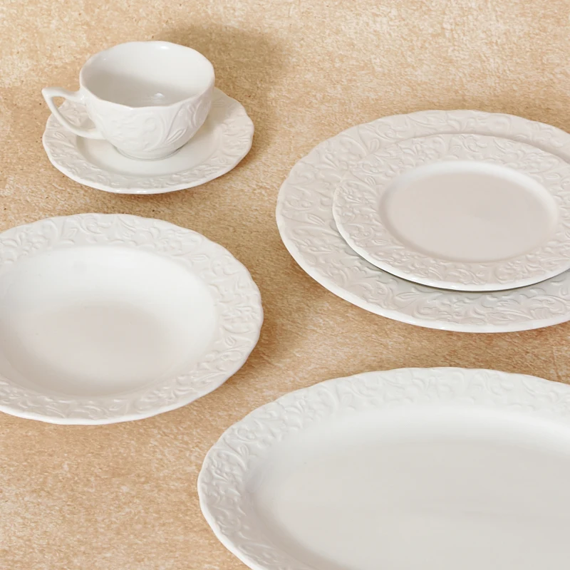 Modern Eco-Friendly Customized White Porcelain Tableware Classic Embossed Ceramic Coffee Cup Dinnerware Sets for Home Hotel