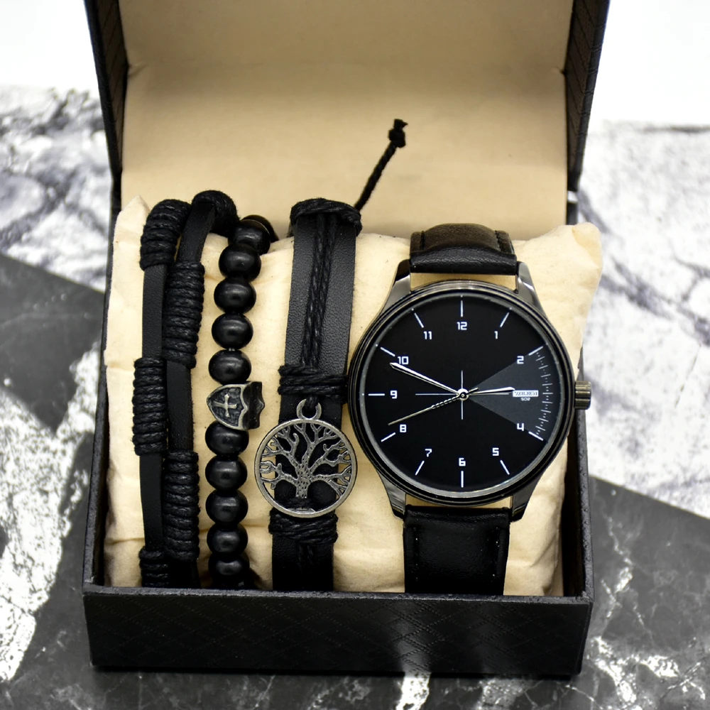 Leather Folio Watch Set 6241 5PCS Luxury Men Bracelet Watch With