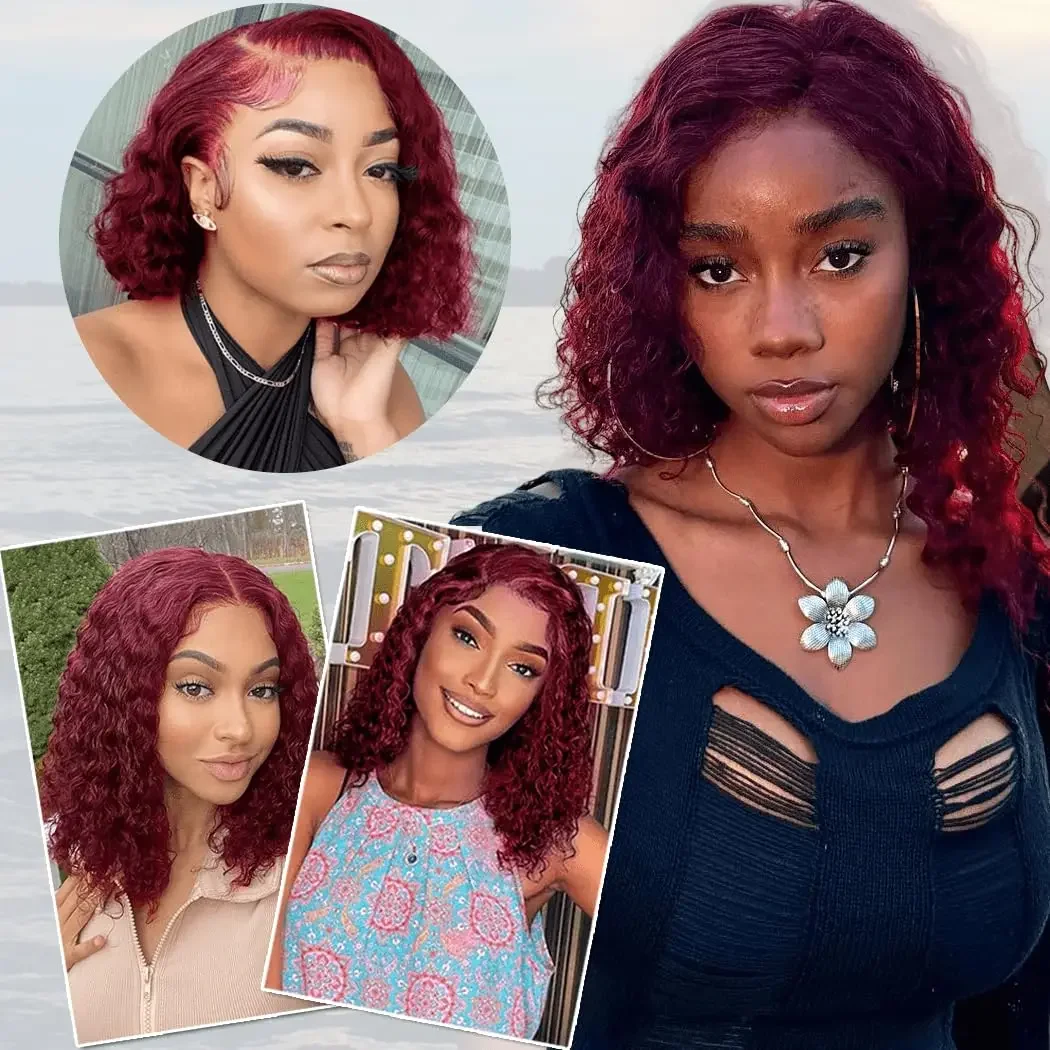 Burgunder Echthaar Lace Front Perücke Kurzer Lockiger Bob Remy_voghion.com