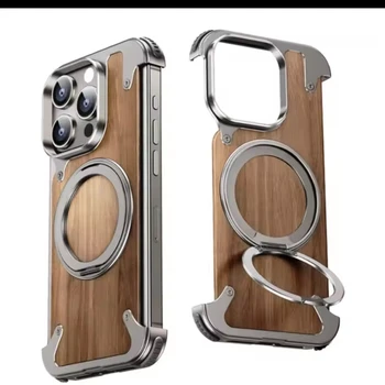 Suitable for Apple 15Pro walnut mobile phone case metal frameless magnetic holder iPhone14 solid wood protective cover