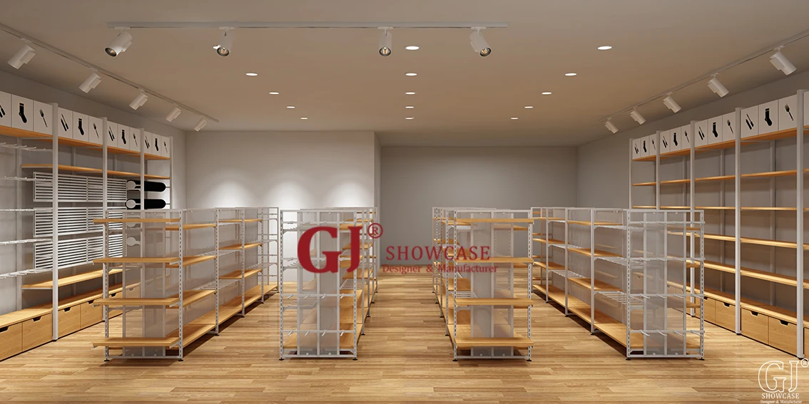 Free Retail Discount Store Fixtures Shop Furniture Layout Interior Design Wood Display Shelving Racks for Grocery Store