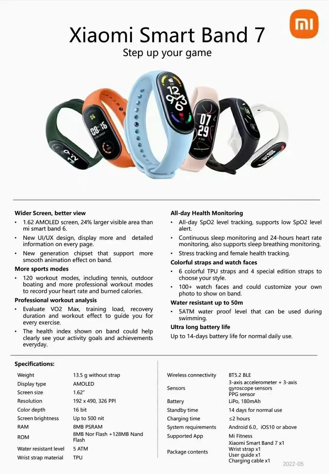 Xiaomi Mi Band 7 Smart Bracelet, Bluetooth 5.2,VO2 Max,Sport Analysis  1.62AMOLED,120 Workout Modes,5 atm Waterproof Smart Band