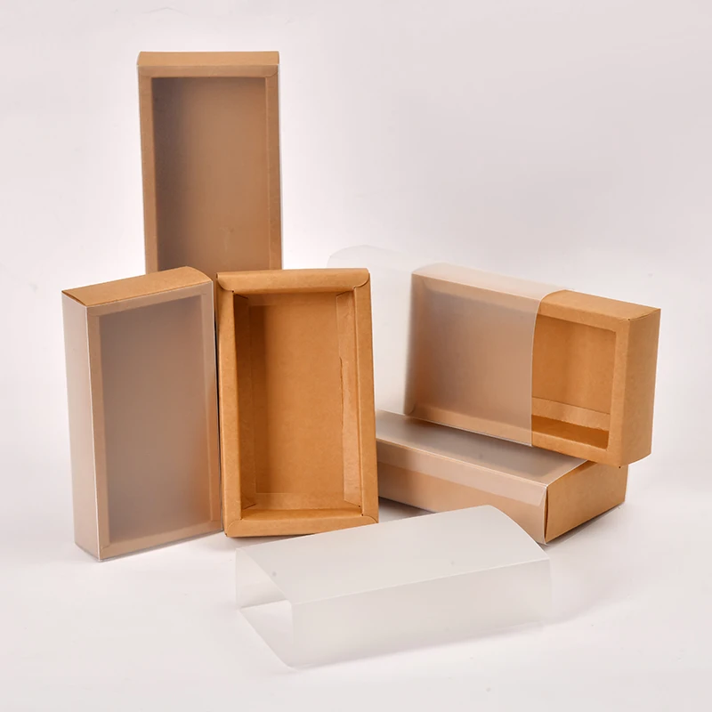 Customized Logo Packaging Kraft Drawer Box Kraft Paper Cardboard Packaging Box With Clear Plastic Pvc Lid