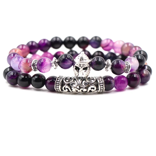 Purple striped agate stone owl Buddha head elbow bracelet set, crystal healing bead bracelet, semi-precious stone handicraft