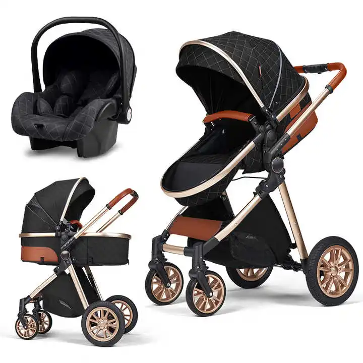 Multifunction 3 in 1 Baby Stroller High Portable Lightweight Travel Pram Foldable Linen & Alloy Material Five-Point Safety Belt
