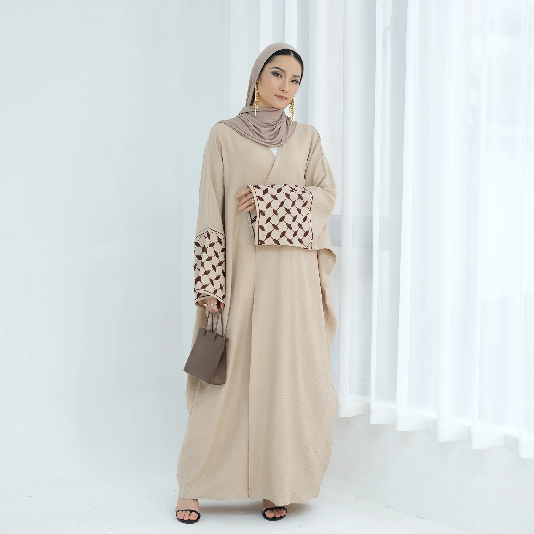Modest Fashion Kimono Islamic Clothing Embroidery Kufiyyah Palestine  Sleeves Abaya Plus Size Womens Dresses Women Muslim Dress
