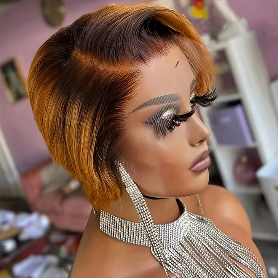 150% Density 6 Inch 13x1 T Part Transparent Lace Short Pixie Cut Remy Human Hair Wig Natural Black Color For Women_voghion.com