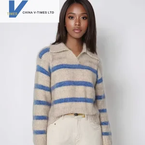 China V-times 2026 Autumn Winter Korean Style Women's Cheese Rabbit Sweater Blue Striped Slimming Knitwear Top