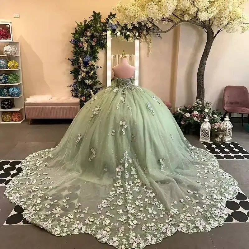 Customized Sage Green Quinceanera Dresses Ball Gown 3D Floral Applique  Beaded Corset Sweet 16 Vestidos De 15 Anos Women Pageant| Alibaba.com