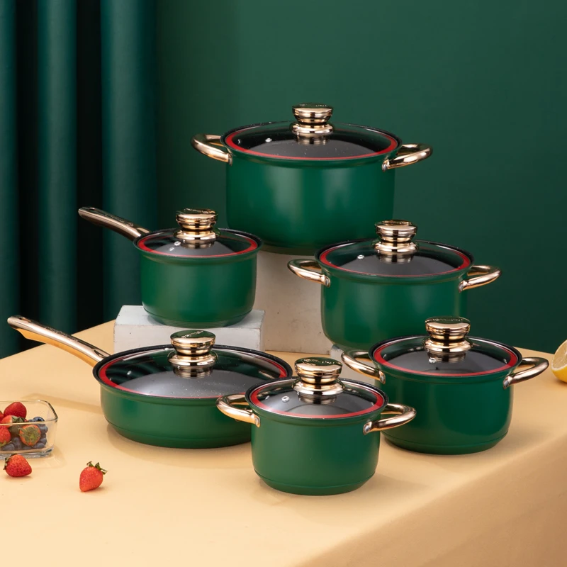 12pcs Modern Kitchen Panci Blue Or Green Dessini Cookware Set In Stock Rose Gold Handle Non