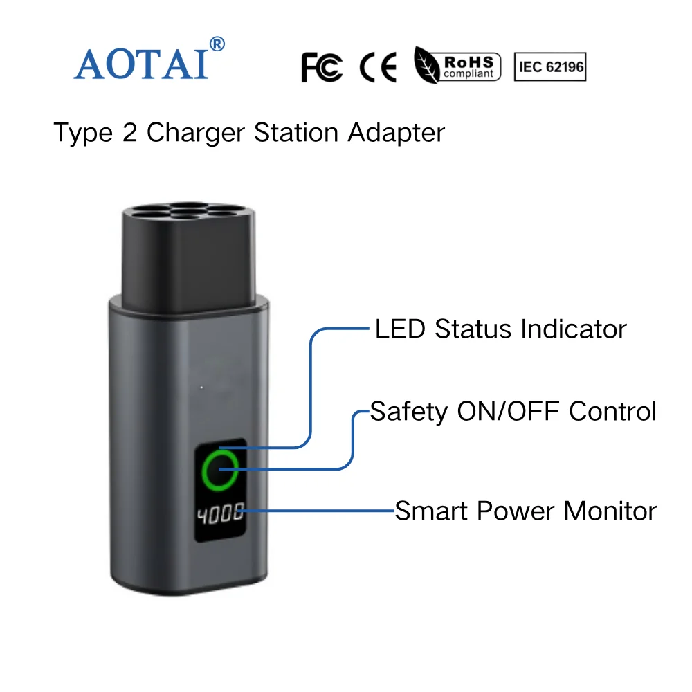 AOTAI New 16A 230V AC Type 2 to Universal Socket Adapter with Aluminum Alloy Housing and ON/OFF Switch