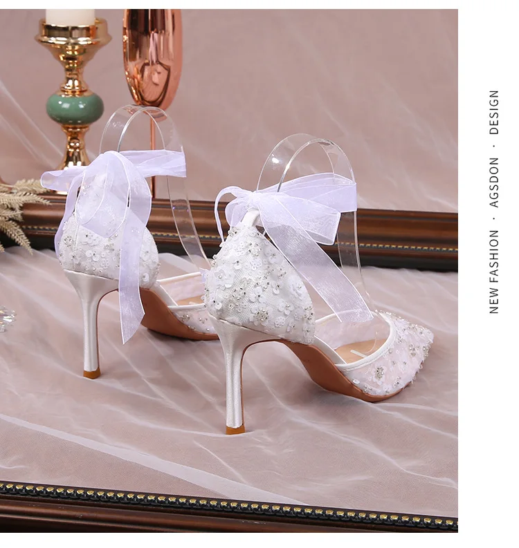 Lace Up Pointed Toe Stiletto Pearls Sandals Luxury Queen Thin Heels Women Bridal Shoes For Weddings - Image 5