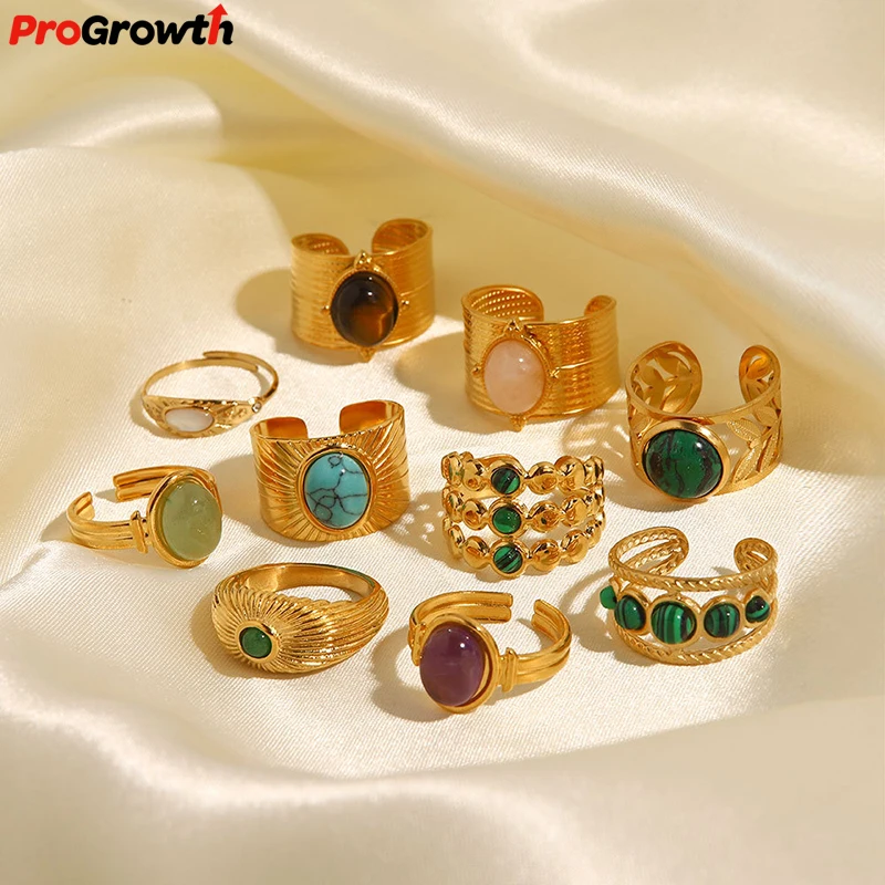 Vintage Stainless Steel Rings 18K Gold Plated Malachite Inlaid Natural