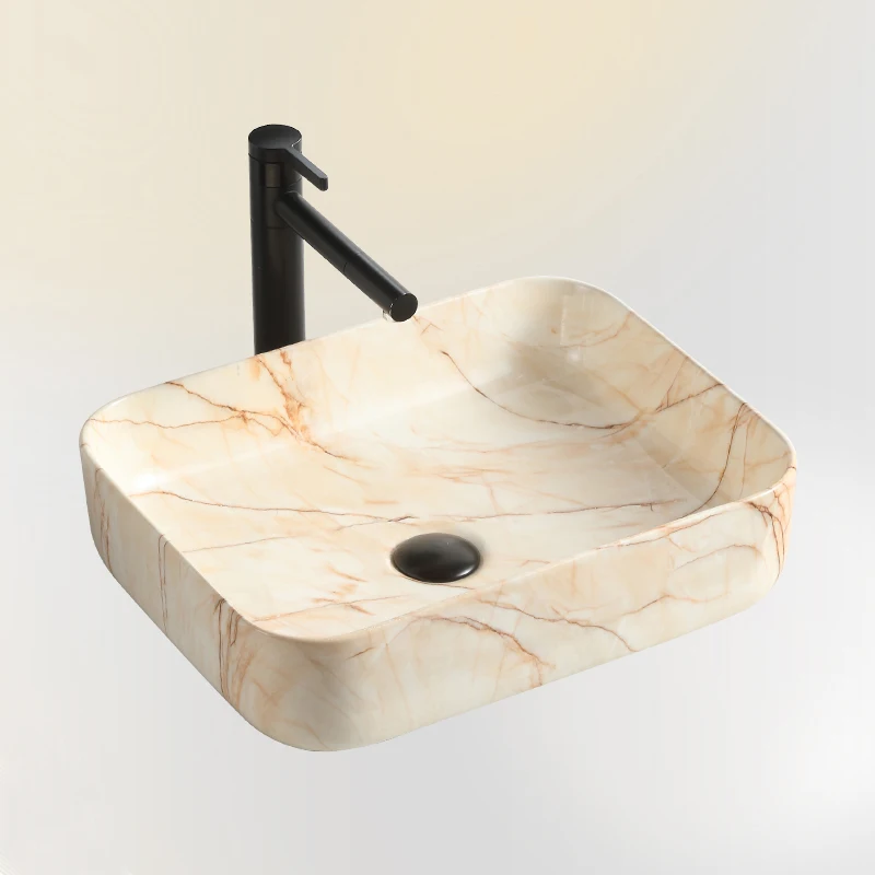 Classic Orange Color Square Ceramic Counter Top Hand Wash Basin Marble Sink For Bathroom