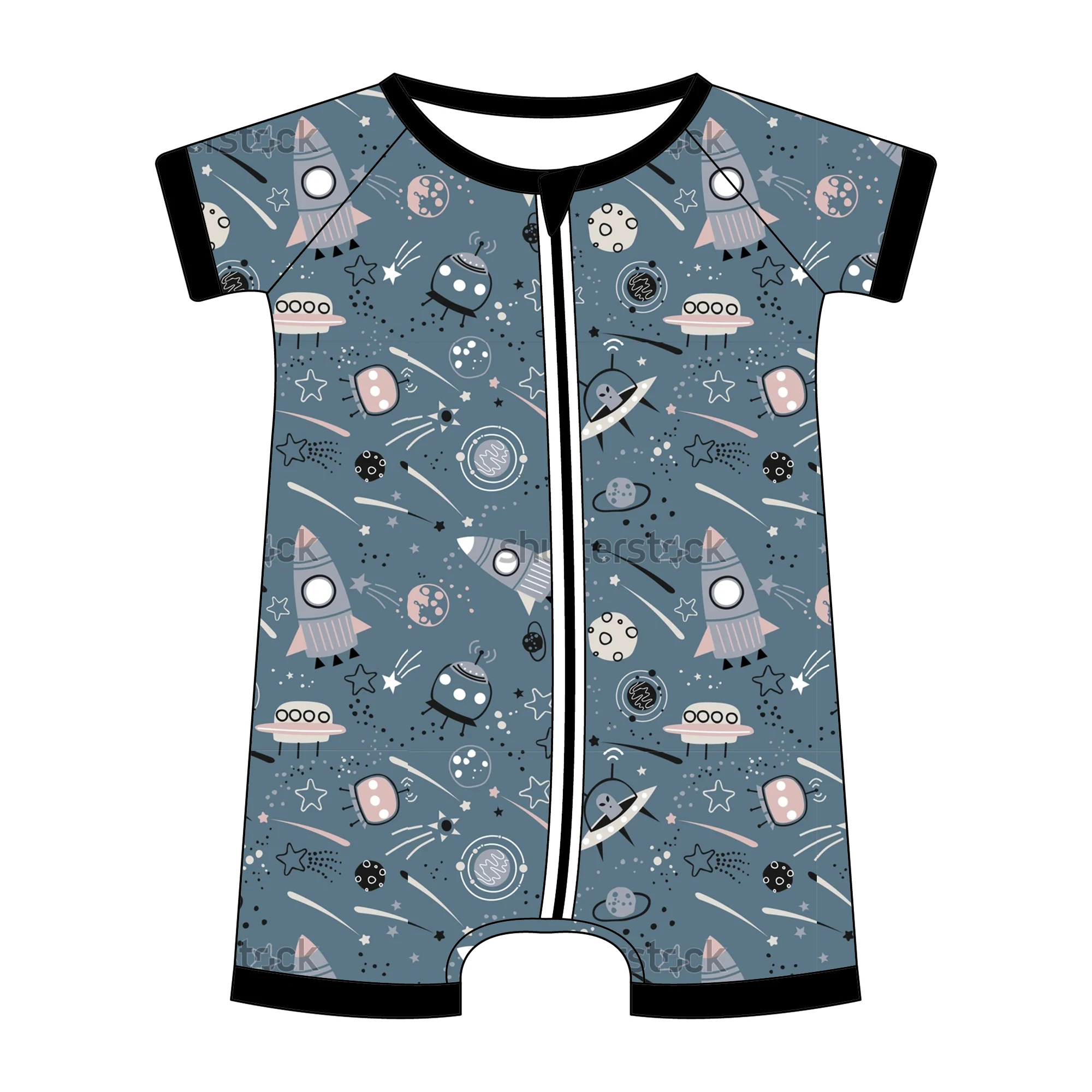 LOW MOQ Custom Bamboo Viscose Summer Rocket Pattern Zipper Pajamas