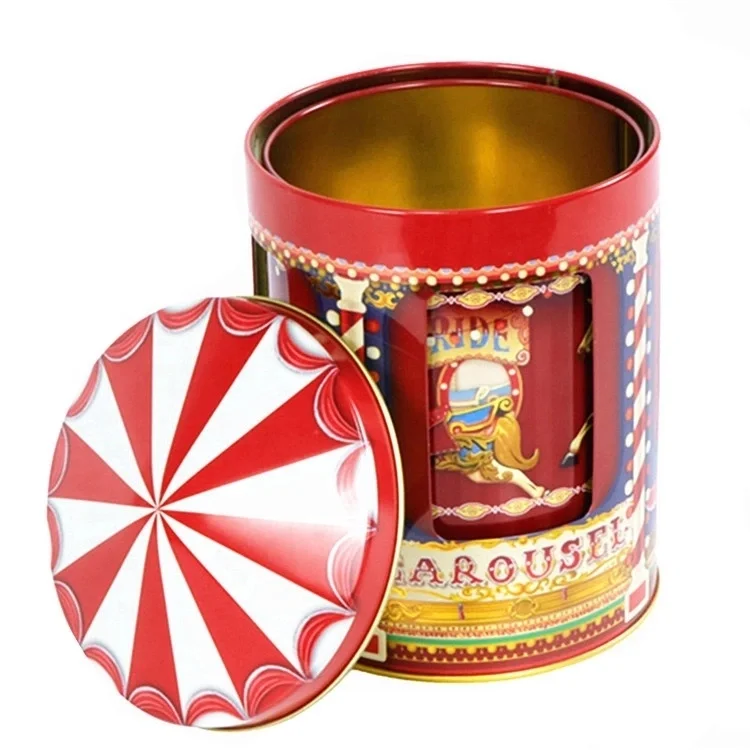 New Christmas large luxury food grade cookie biscuit sweet tin can empty kids gift metal round musical tin box factory