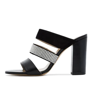 2022 Plus Size Black PU Leather Crystal Thick Heel Chunky Mules Woman High Heels Sandals for Ladies