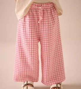 Wholesale Children's pink Checkered Wide Leg Pants Elastic Waistband Breathable Soft Trousers Gingham Pants