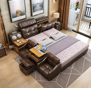 Modern Luxury King Bed Frame with Storage Upholstered Wood and Leather  Bedroom Furniture Set for Luxury Room