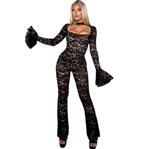 Fashion Autumn Winter New Lace Bodysuit Women's Clothing Low-cut Neck Sexy Hollow-out Trumpet Sleeve Jumpsuit with Long Pants