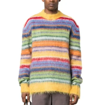 IMA364 Fall Winter Custom mohair sweater men Fuzzy Long Sleeve knitwear crew neck knitted jumper pullover mohair knit sweater