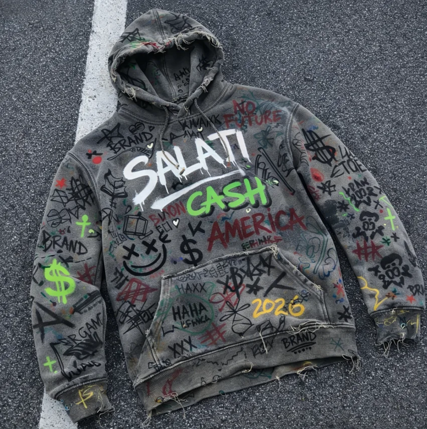 SALATI OEM Custom Acid Washed DGT Digital Printing Towel Embroidery Streetwear Heavyweight Distressed Sun Faded Men's Hoodie gallery 2