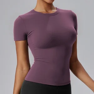 Custom Short Sleeve Women Deep Crew Neck Pilates Blouse Lightweight Yoga Shirts Soft Active Yoga Top Outdoor Crop Shirts