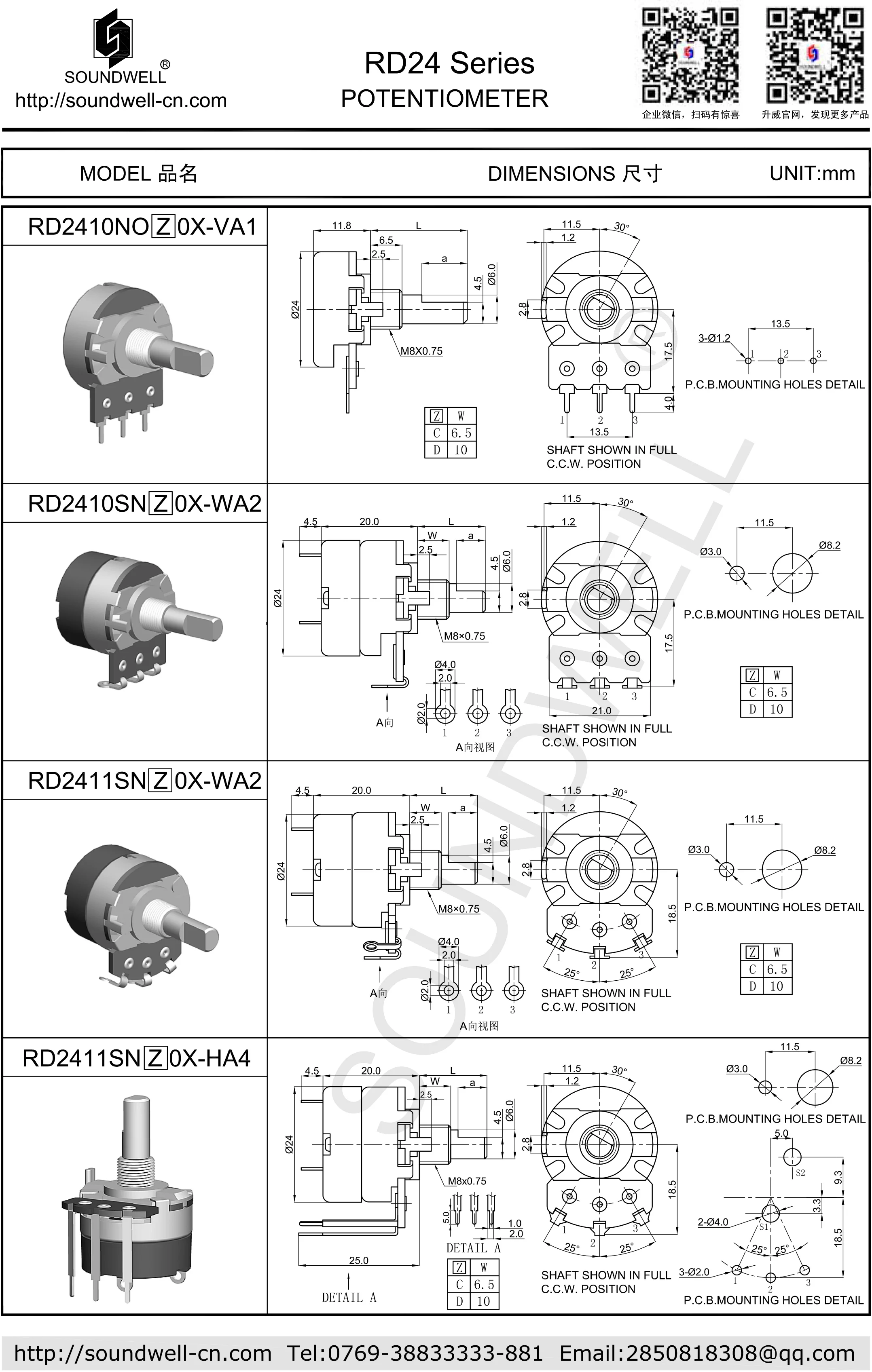 24mm Potentiometer Wh138 Soundwell Potentiometer With Switch B500k