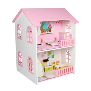 Double Sided Wooden Dollhouse Villa with Simulation Furniture for Kids Pretend Play and Role Playing Toy