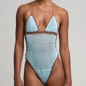 Customized Women's Bohemian Crochet One-Piece Spandex/Nylon Bikini with Cheeky Bottom Quick Dry Anti-UV Features Front Logo