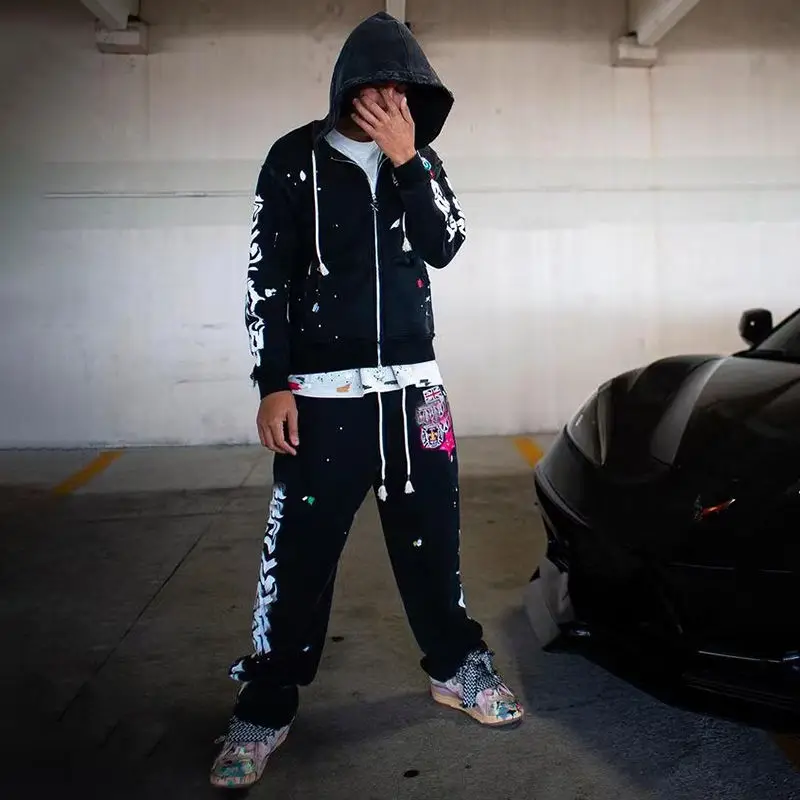 Custom Embroidered Patch Logo Paint Splatter Vintage Acid Wash Sun Faded Sweatpants and Hoodie Set Tracksuit for Men gallery 7