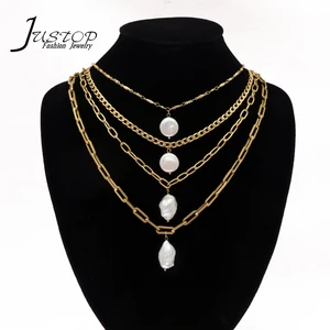 Vintage Link Chain Stainless Steel Women Baroque Pearl Choker Jewelry Shell Heart Charm Pendant Necklace