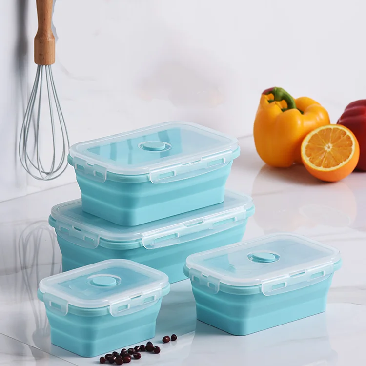 Large Reusable Foldable Collapsible Food Grade Silicone Bento Lunch Box With Clear Top Lid for Baby and Kids Storage