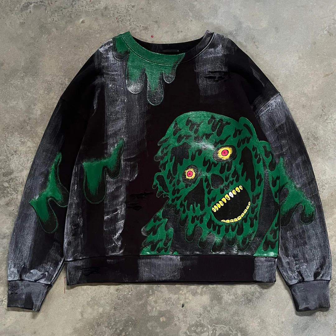 Aangepaste swaar mans crewneck-sweatshirt met handgeskilderde monstergrafiek, vintage borstelverf beskadig oorgroot straatklere ODM