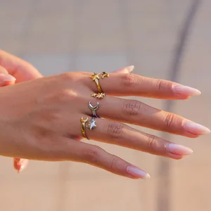 MW Women's Fashion Two-Tone 18K Gold-Plated Stainless Steel Ring with Star and Moon Motifs and Adjustable Open Design