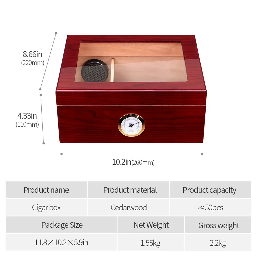 Cigarloong Cigarwood Humidor With Builtin Hygrometer And Humidifier For 50 Cigars Piano Lacquer