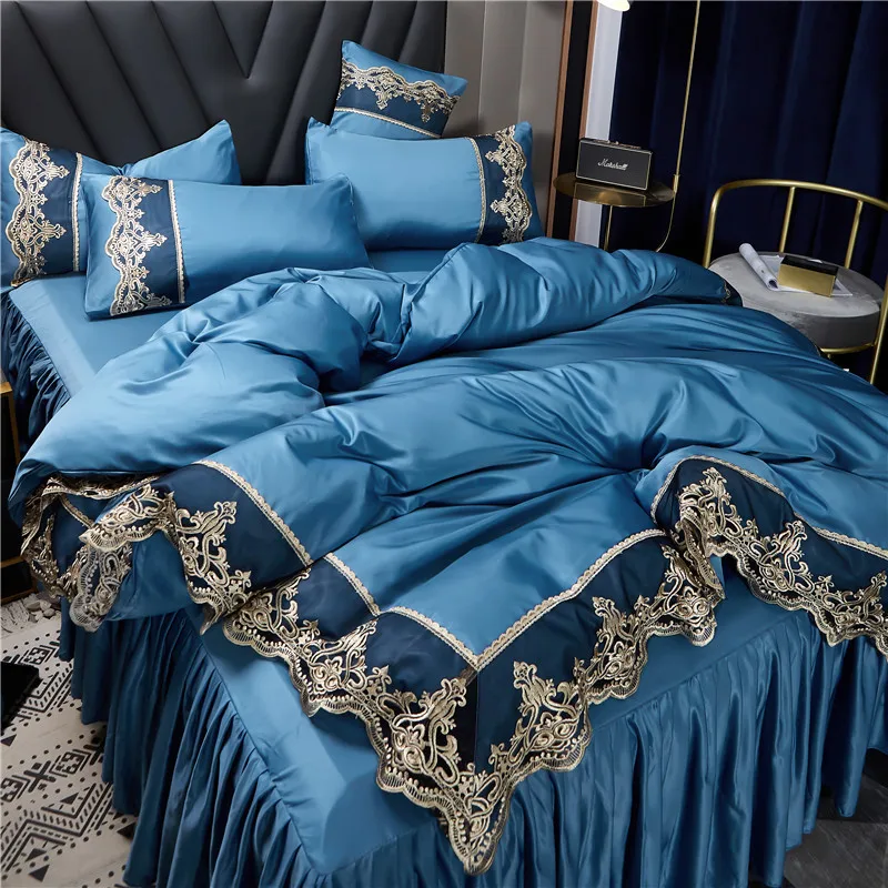 Hot Sale Lace Ice Silk Designers Bed Sheet Sets Bedding Bed Skirt Set Embroidered Duvet Cover