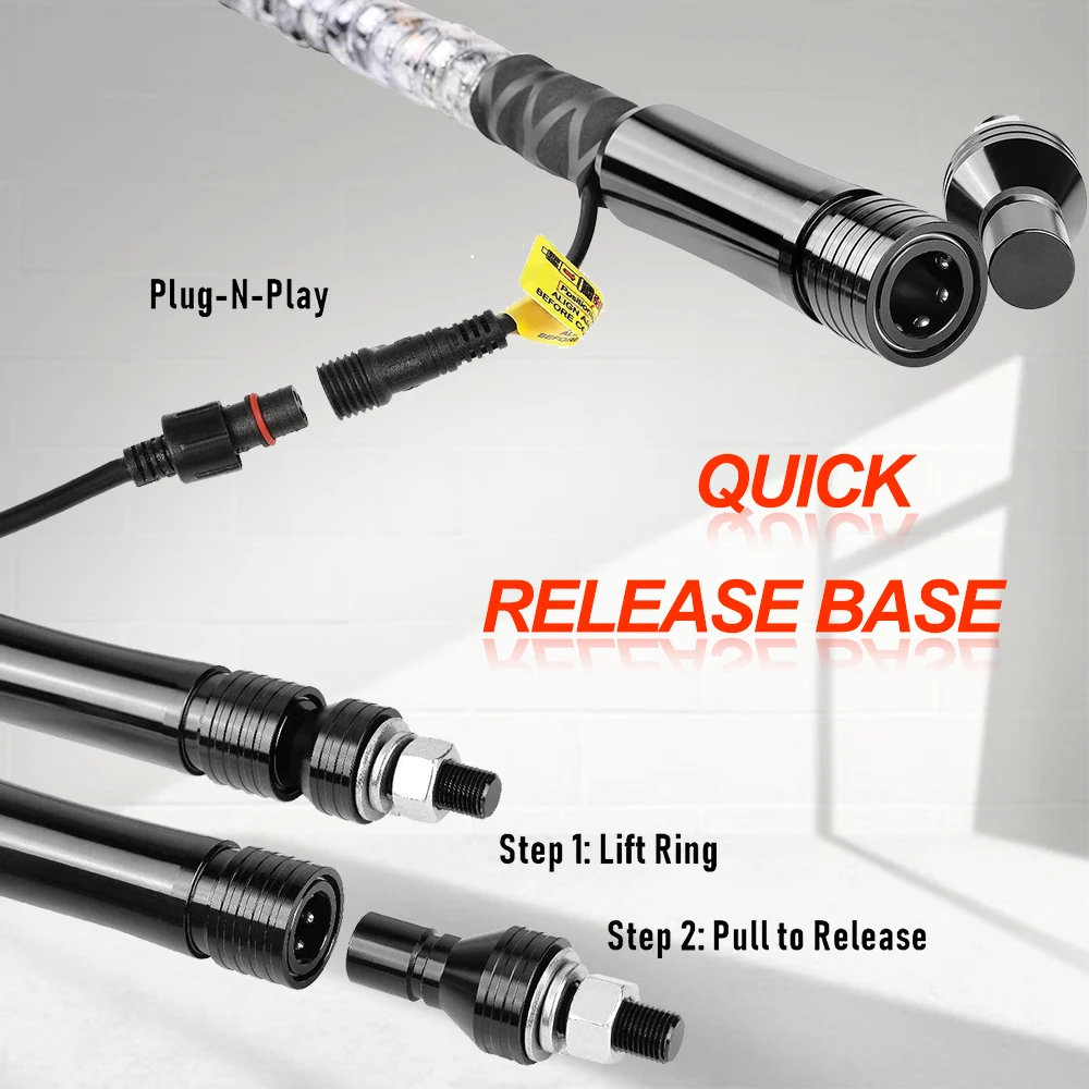BEVINSEE RGB LED Whip Light Antenna Flag Pole 3ft 4ft 5ft 6ft For Jeep RZR Buggy Off-Road, Bluetooth App Control, Multicolor